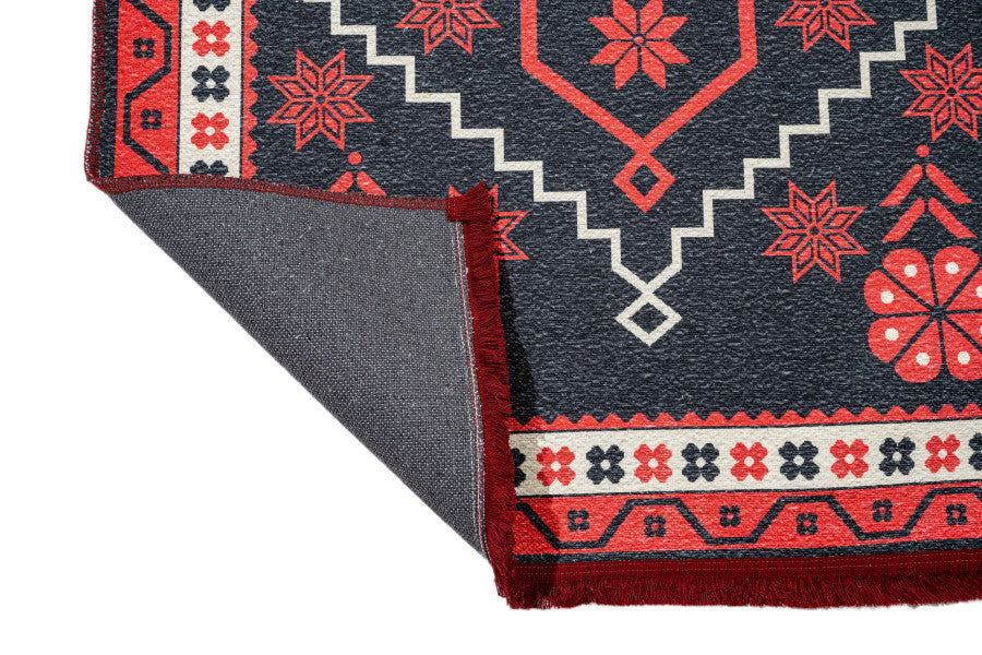 Delft Siyah Çerçeveli Pamuk ve Şönil Dijital Baskı Halı Pia Monte