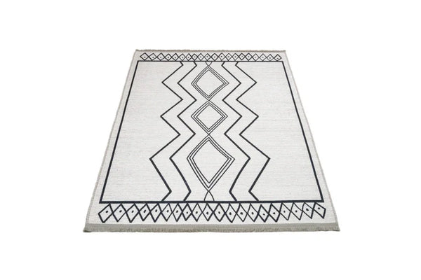 Beyaz Gri Etnik Geometrik Halı - Yıkanabilir - Kaymaz Taban - Pati Dostu