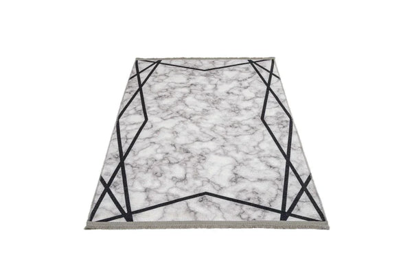 Beyaz Gri Dekoratif Geometrik Halı - Yıkanabilir - Kaymaz Taban - Pati Dostu